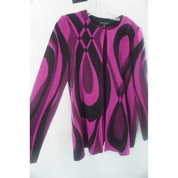 Ming Wang Fuchsia Black Wave Abstract Geometric Heavy Knit Cardigan Sweater Sz M - Picture 7 of 12